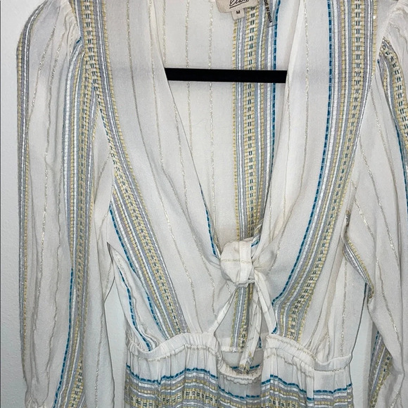 Elan White Striped Plunge V-Neck Tie-Front Puff Sleeve Dress Size Medium - Picture 4 of 5